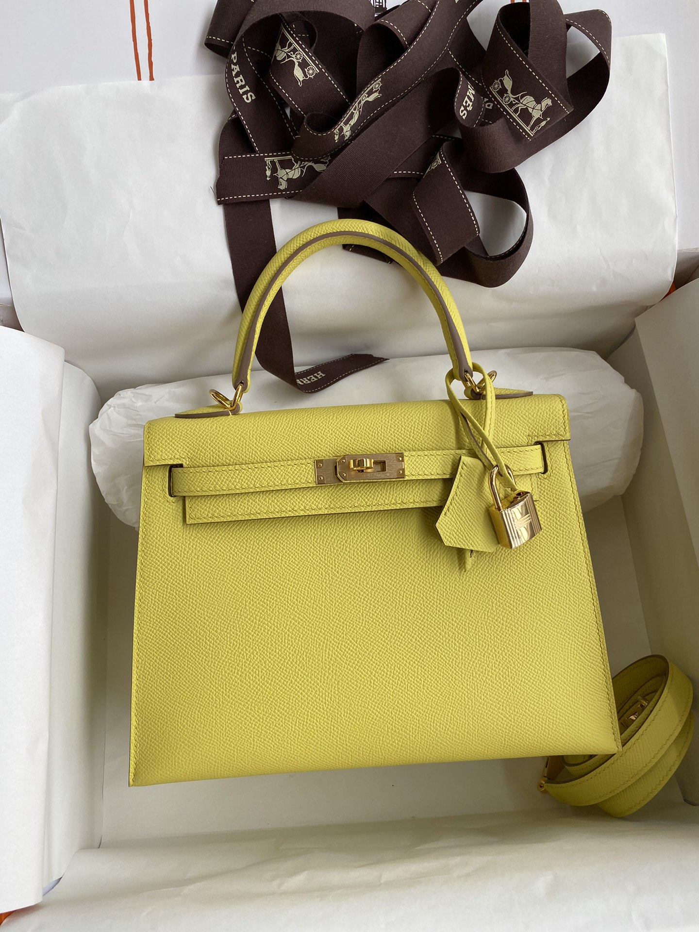 Hermes Kelly 25cm Handbag Shoulder Bag in Yellow Lemon Epsom Leather